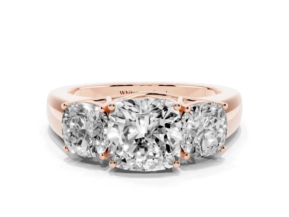 Three-Stone Cushion Cut Cut Diamond Ring with Prong Setting and Classic Band Rose gold