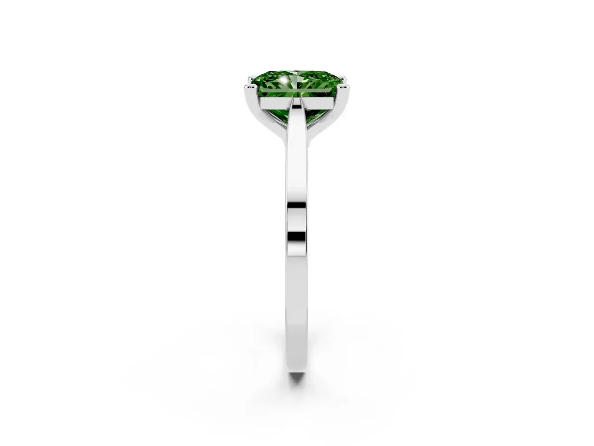 Fancy Green Radiant Cut Solitaire Diamond Ring with Four-Prong Setting and Tapered Band Silver