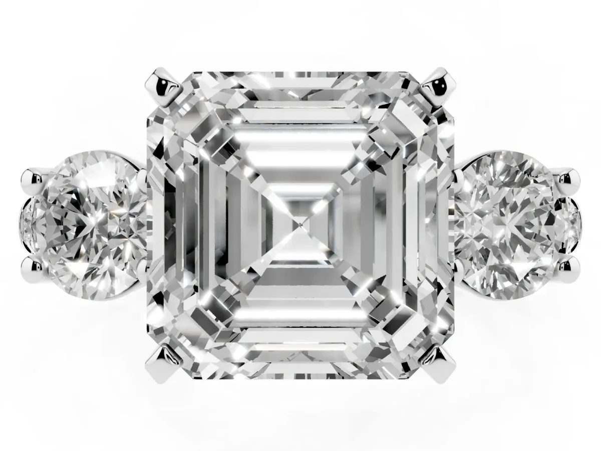 Three-Stone Asscher Cut Diamond Pavé Band with Four-Prong Setting Silver