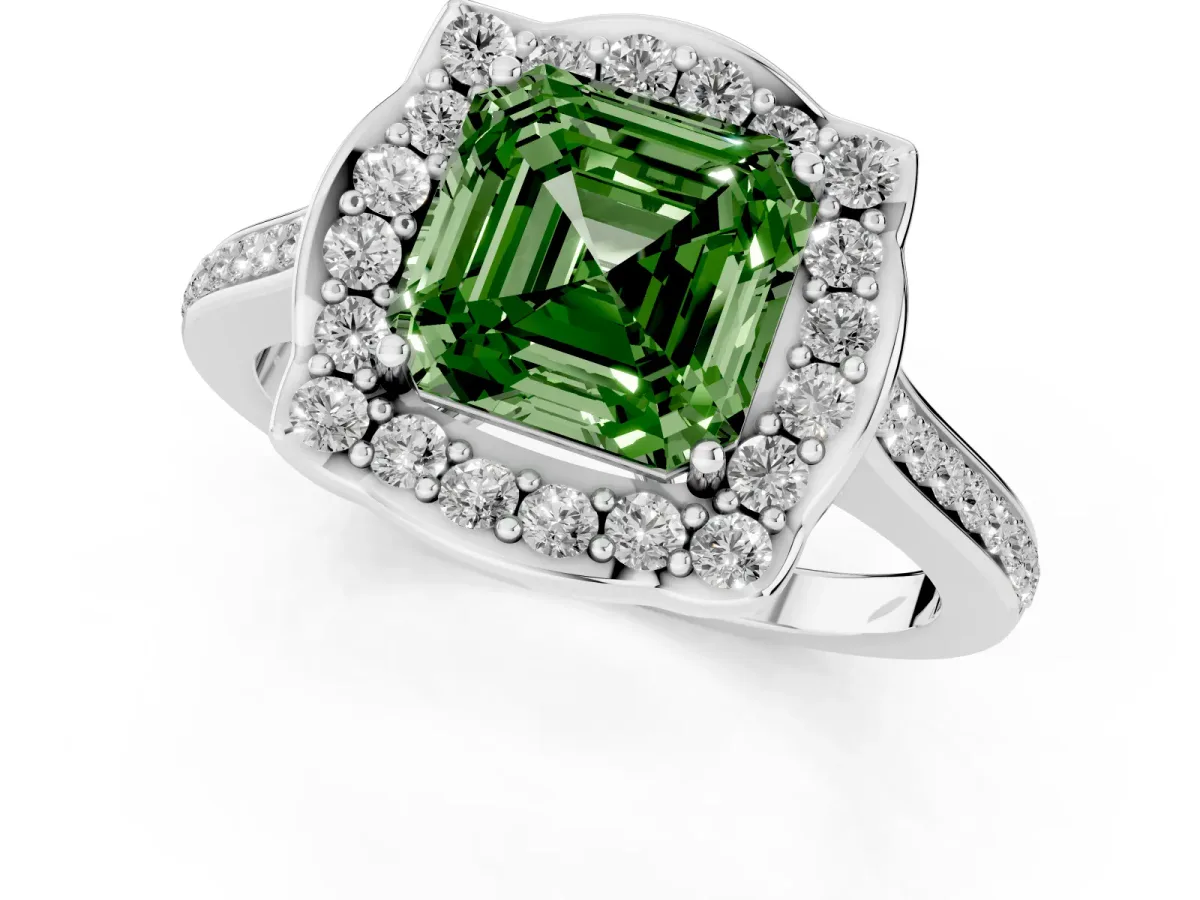 Fancy Green Asscher Cut Halo Round Diamond Pave Band with Four-Prong Setting White gold