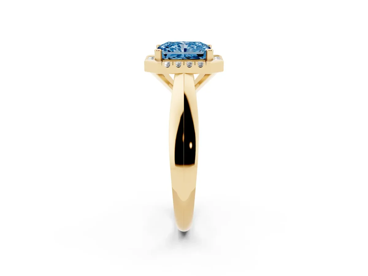 Fancy Blue Radiant Cut Cut Halo Solitaire Engagement Ring with Square Band and Four-Prong Setting Yellow gold