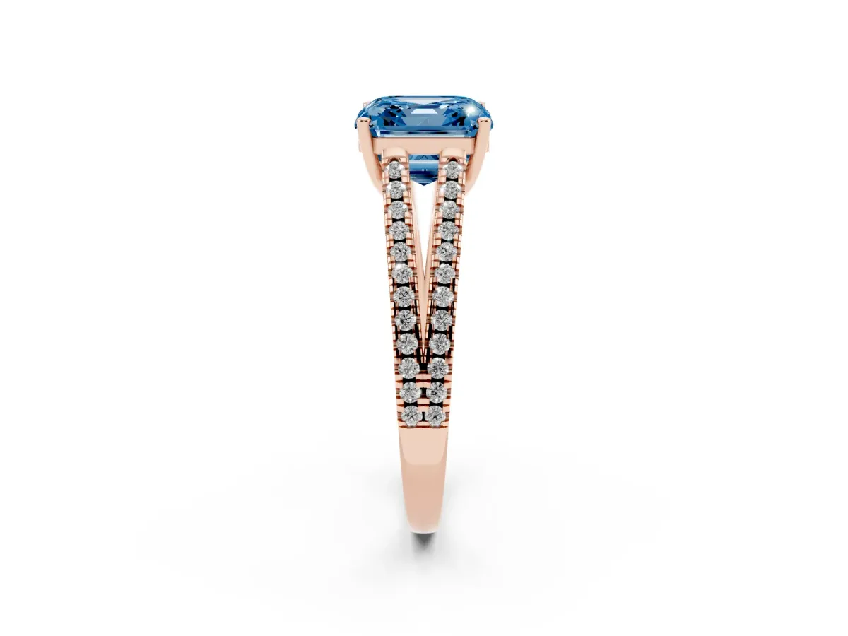 Fancy Blue Asscher Cut Diamond Solitaire Engagement Ring with Split Shank Pavé Band Rose gold
