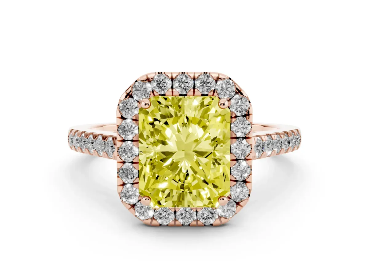 Fancy Yellow Radiant Cut Halo Pave Diamond Engagement Ring with Four-Prong Setting Rose gold