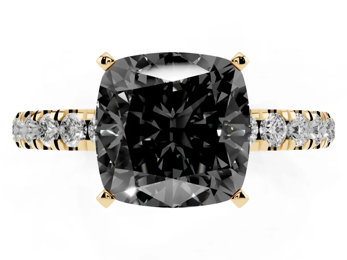 Fancy Black Cushion Cut Diamond Solitaire Ring with Pavé Accents and Four-Prong Setting Yellow gold