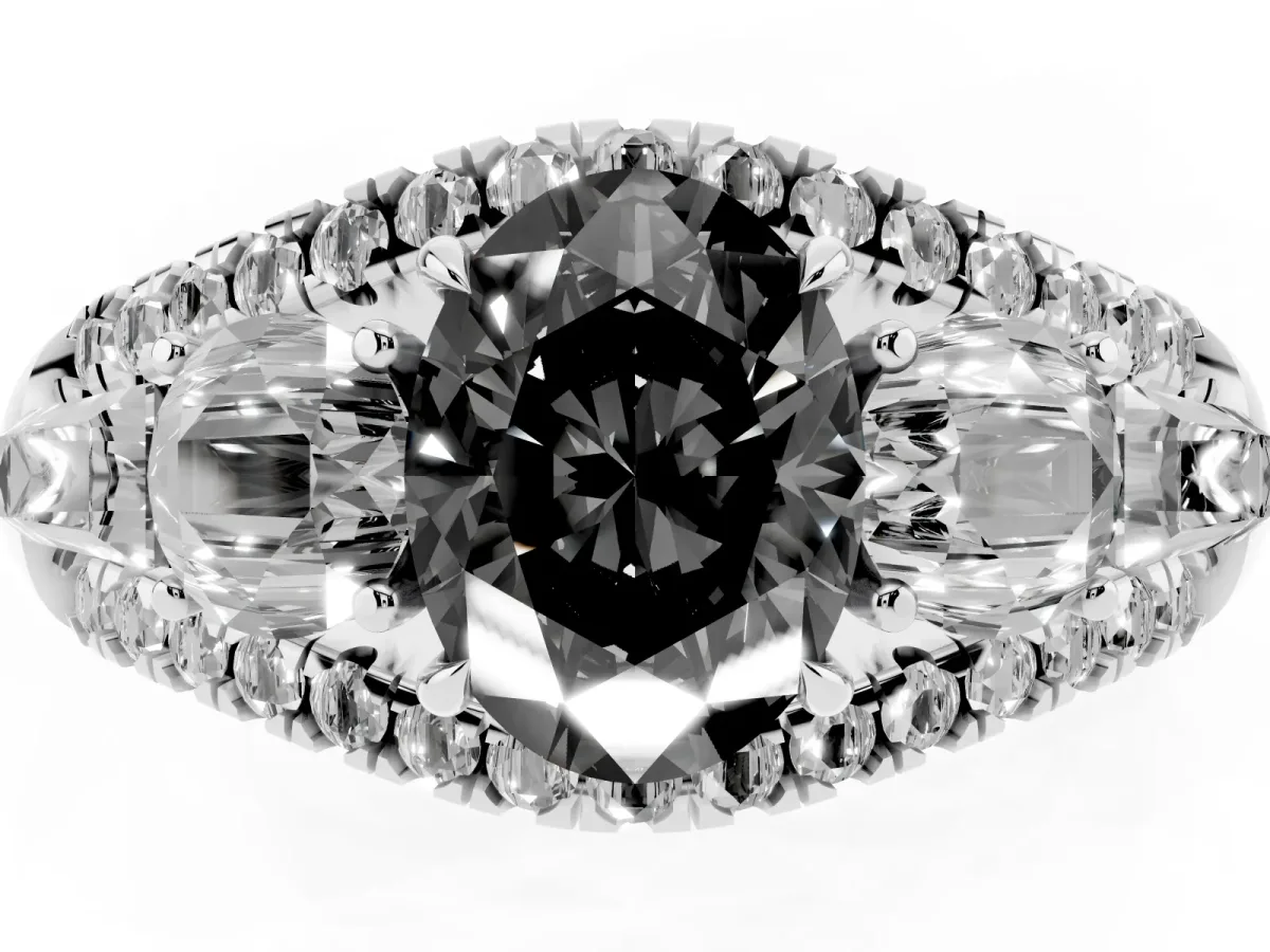 Fancy Black Three-Stone Oval Cut Diamond Engagement Ring with Pave Band and Prong Setting Silver