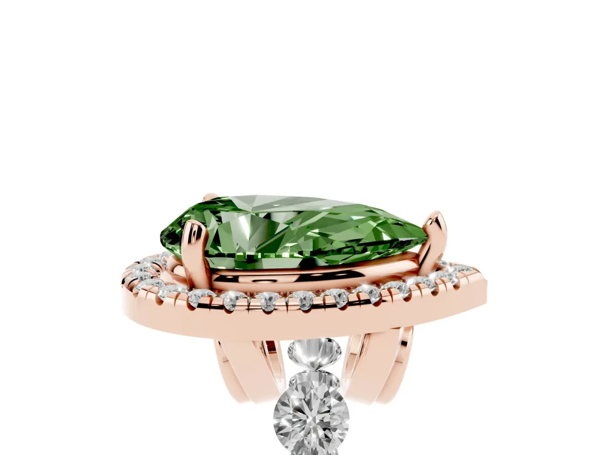 Fancy Green Pear Cut Halo Pavé Diamond Engagement Ring with Four-Prong Setting Rose gold