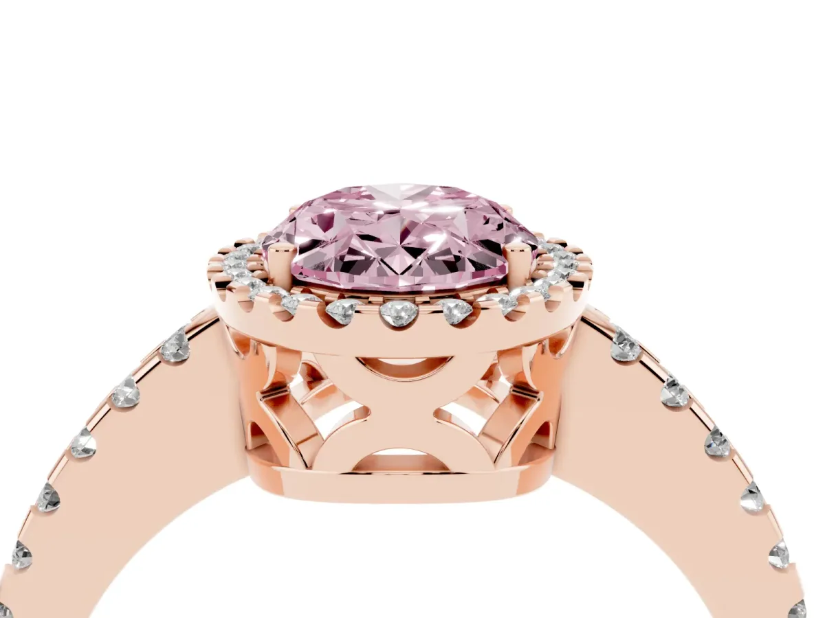 Fancy Pink Oval Cut Diamond Halo Engagement Ring with Pavé Band and Prong Setting Rose gold
