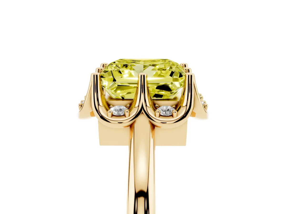 Fancy Yellow Princess Cut Halo Diamond Ring with Round Cluster Setting, Solitaire Band, and Four-Prong Setting Yellow gold