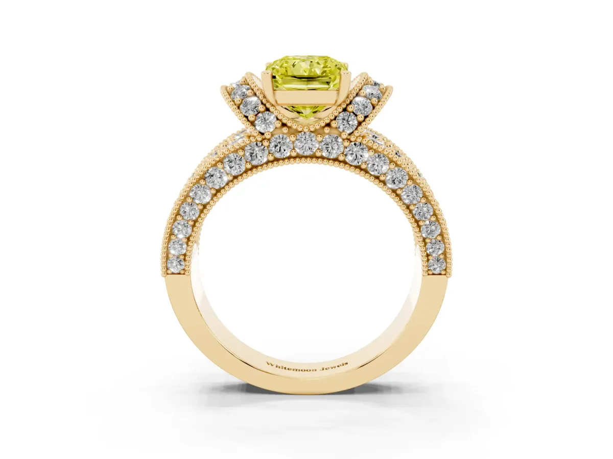 Fancy Yellow Radiant Cut Halo Pave Diamond Engagement Ring with Milgrain Detailing Yellow gold