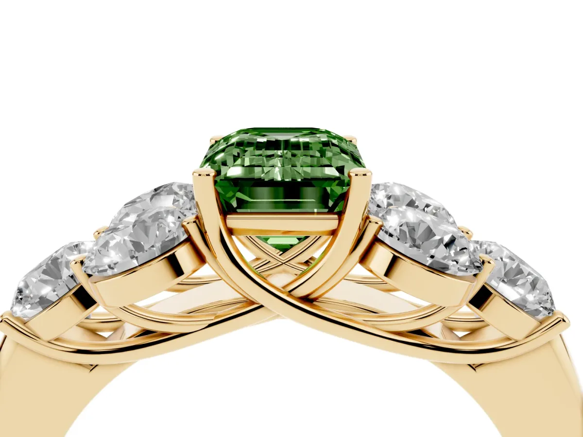 Fancy Green Emerald Cut Cut Diamond Cluster Ring with Round Accent Stones and Prong Setting on a Classic Band Yellow gold