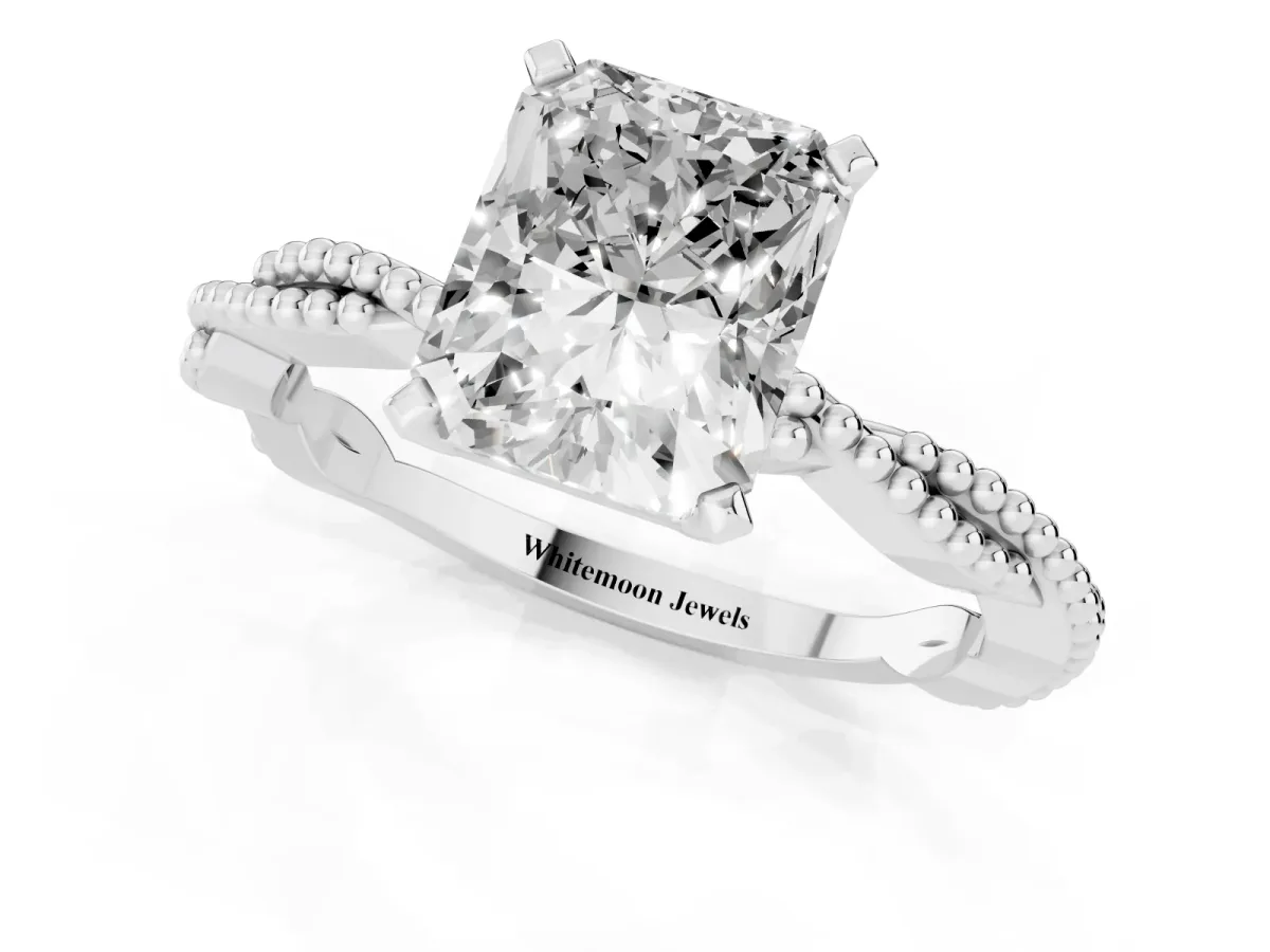 Radiant Cut Solitaire Twisted Band with Bead Prong Setting Platinum
