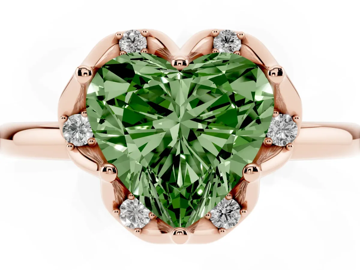 Fancy Green Heart Cut Halo Diamond Ring with Round Cluster Setting, Solitaire Band, and Four-Prong Setting Rose gold