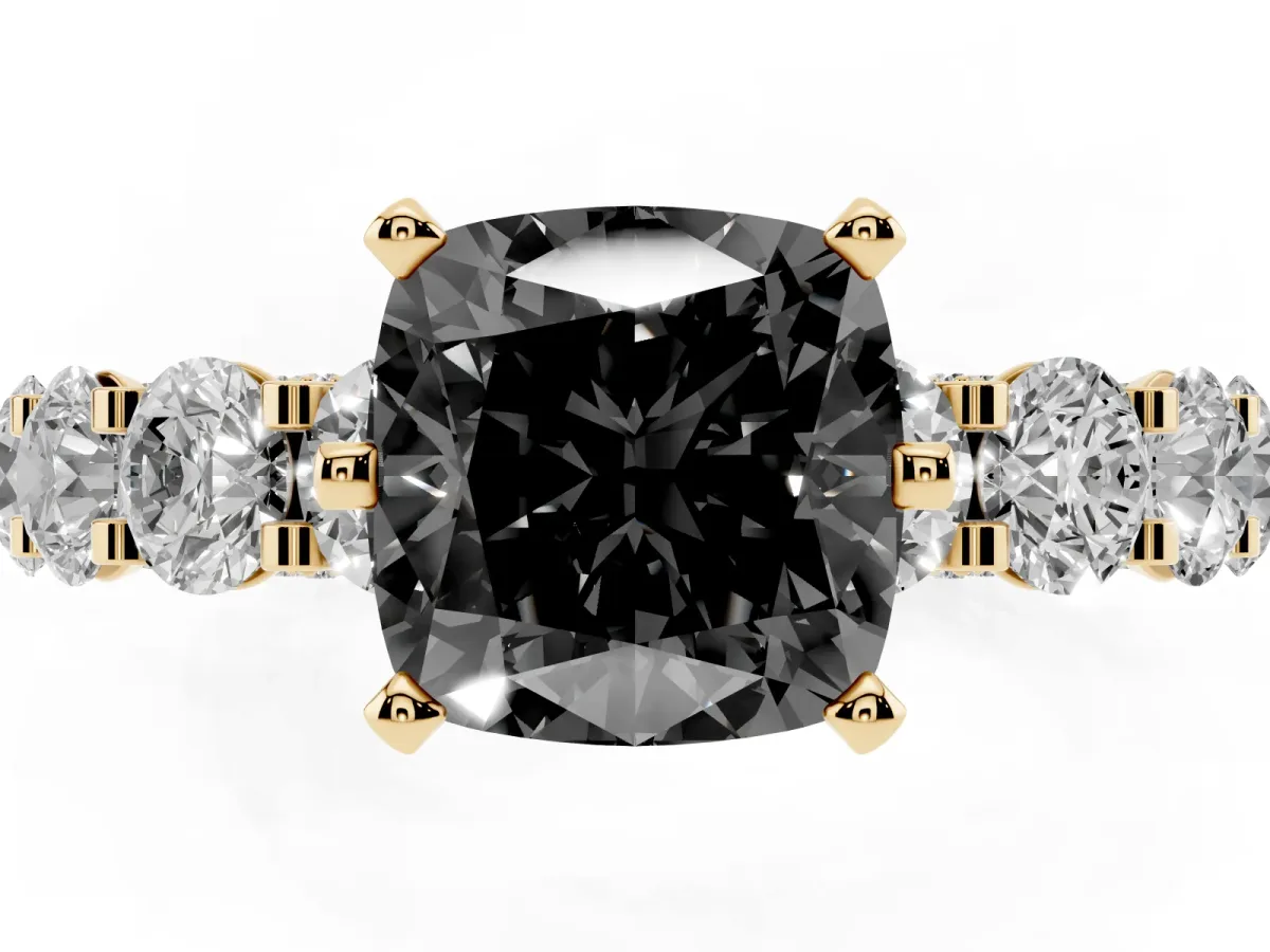 Fancy Black Cushion Cut Diamond Side Stone Engagement Ring with Four-Prong Setting Yellow gold