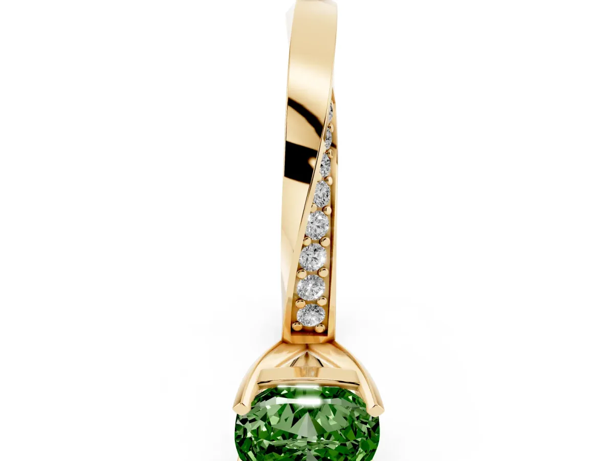 Fancy Green Cushion Cut Diamond Engagement Ring with Side Stone Accents and Four-Prong Setting Yellow gold