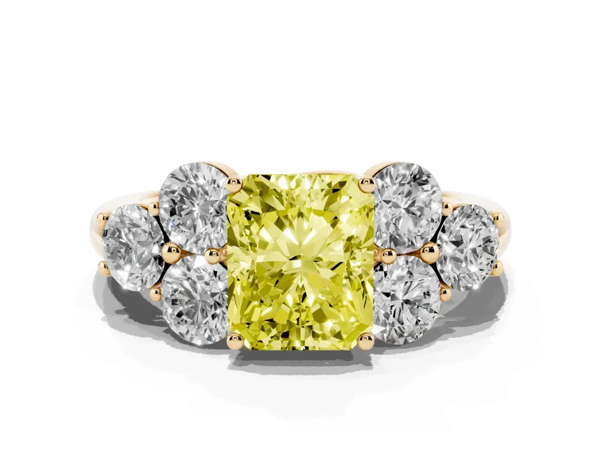 Fancy Yellow Radiant Cut Cut Diamond Cluster Ring with Round Accent Stones and Prong Setting on a Classic Band Yellow gold