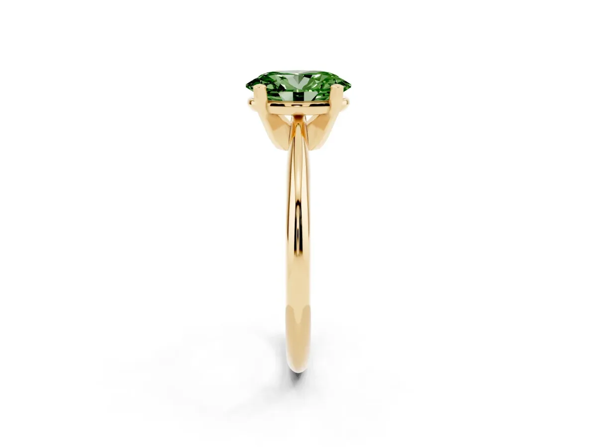 Fancy Green Oval Cut Cut Solitaire Ring with Four-Prong Setting on a Classic Band Yellow gold