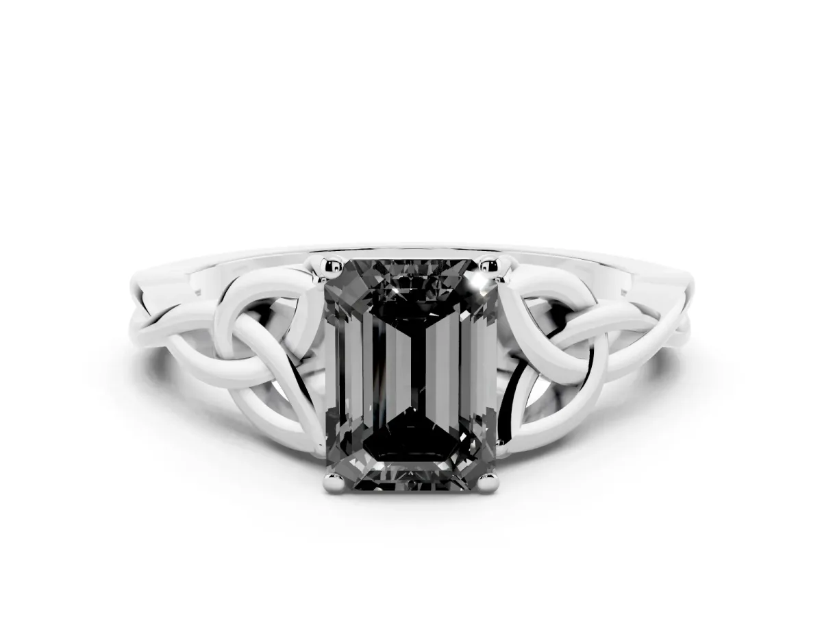 Fancy Black Emerald Cut Diamond Solitaire Engagement Ring with Celtic Knot Band and Four-Prong Setting Silver