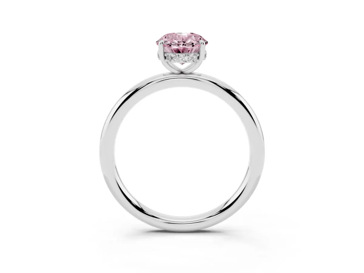 Fancy Pink Oval Cut Diamond Solitaire Ring with Thin Band and Four-Prong Setting Silver