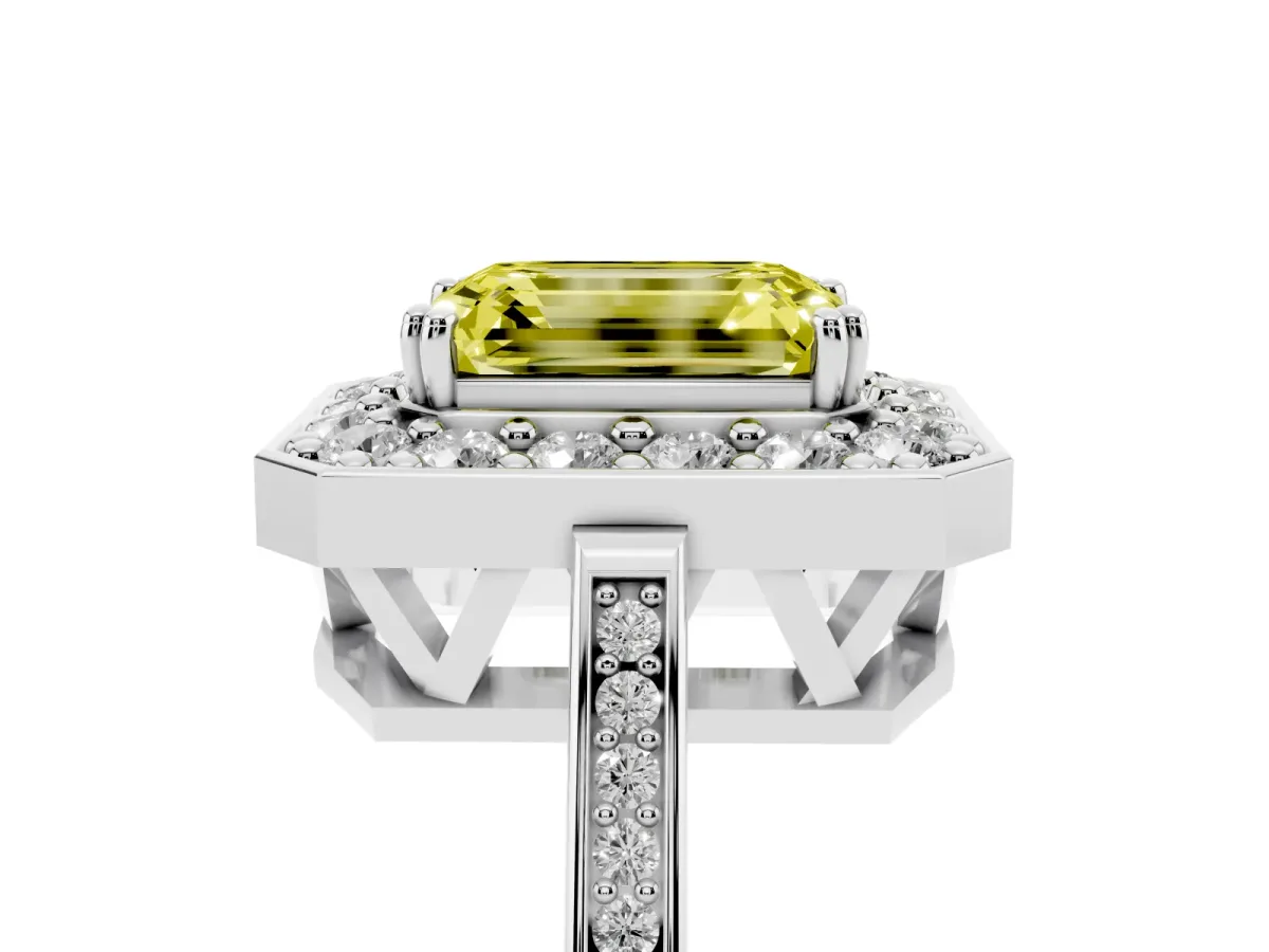 Fancy Yellow Emerald Cut Diamond Halo Ring with Split Shank and Four-Prong Setting Silver