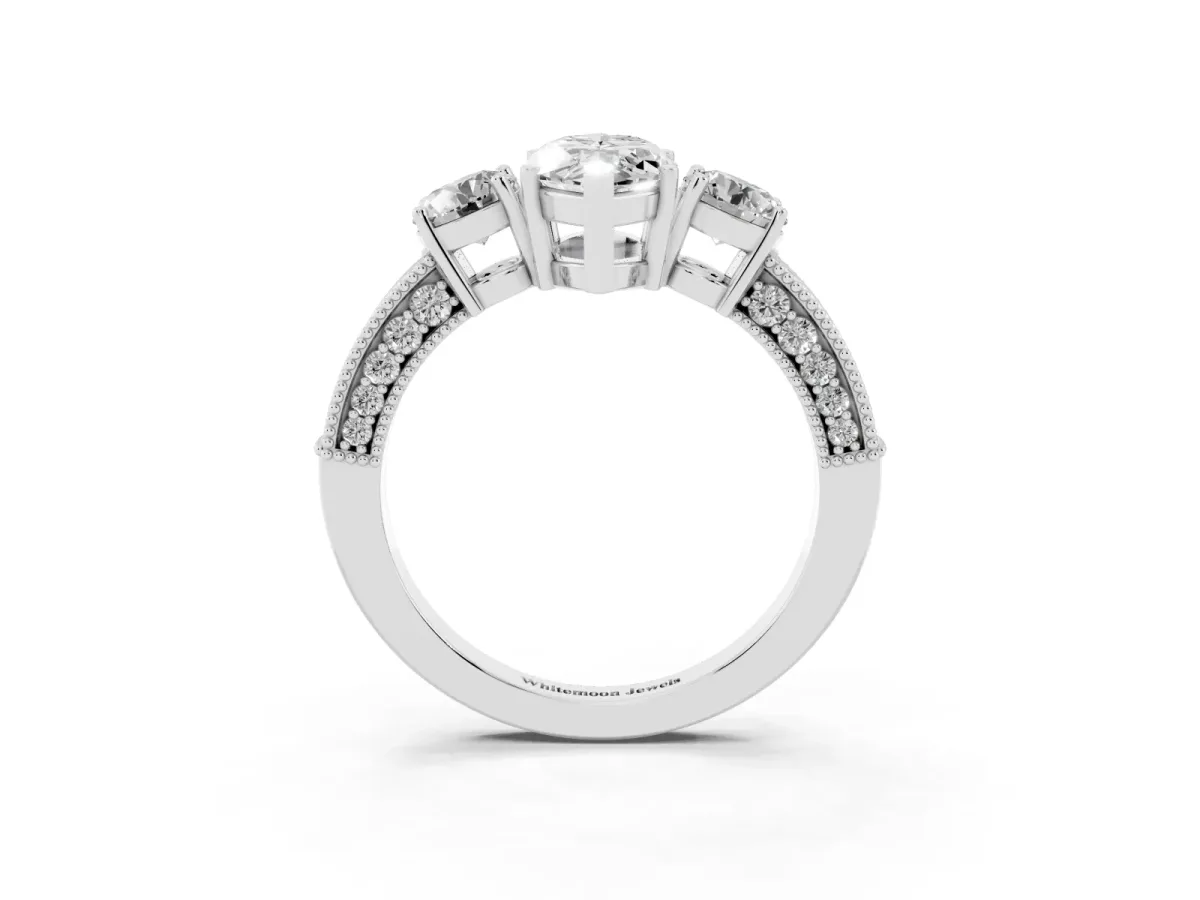 Marquise Cut Three-Stone Diamond Ring with Pavé Band and Four-Prong Setting Silver