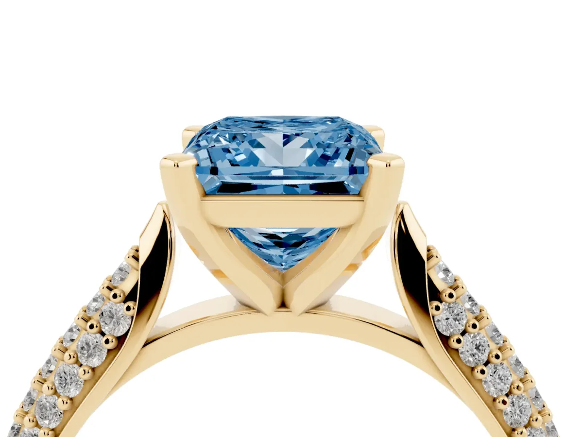 Fancy Blue Princess Cut Diamond Solitaire Engagement Ring with Multi-Row Round Pavé Band and Prong Setting Yellow gold