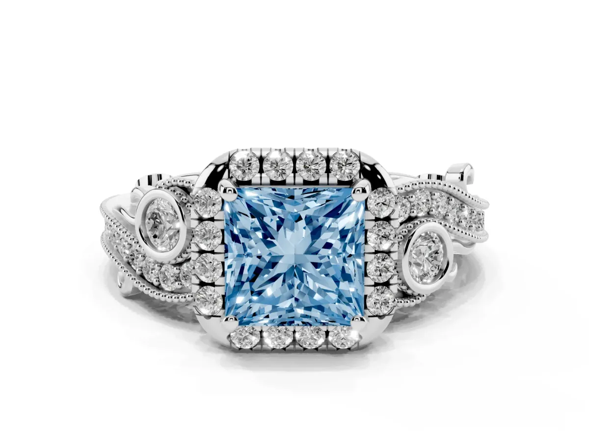 Fancy Blue Princess Cut Diamond Halo Ring with Milgrain Pavé Band and Four-Prong Setting White gold