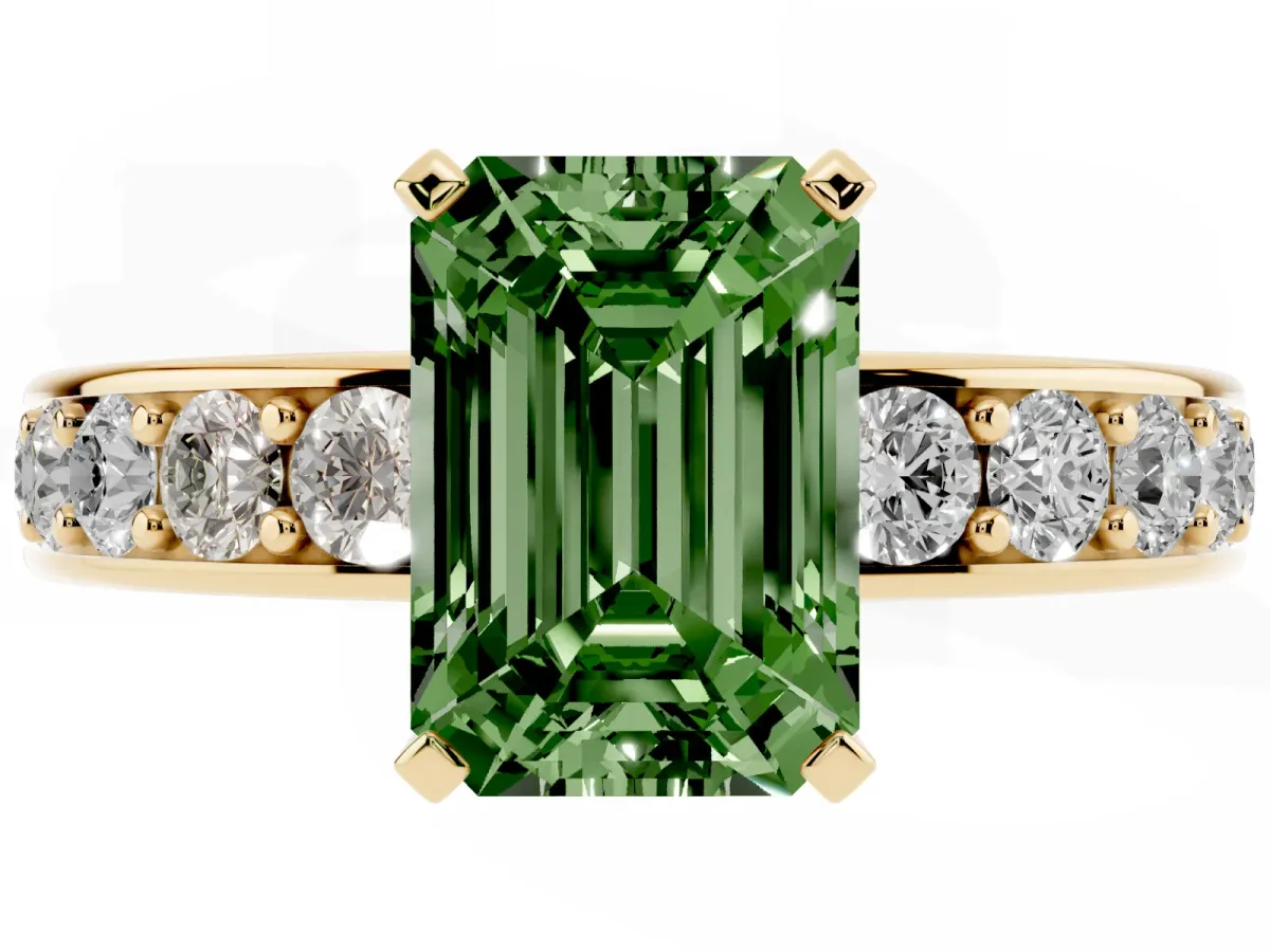 Fancy Green Emerald Cut Diamond Engagement Ring with Channel Set Round Band and Prong Setting Yellow gold