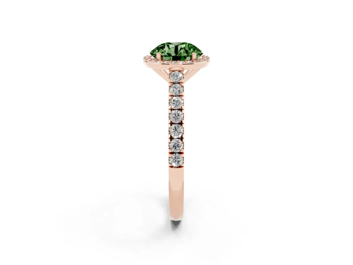 Fancy Green Round Cut Cut Halo Diamond Engagement Ring with Pave Band and Four-Prong Setting Rose gold