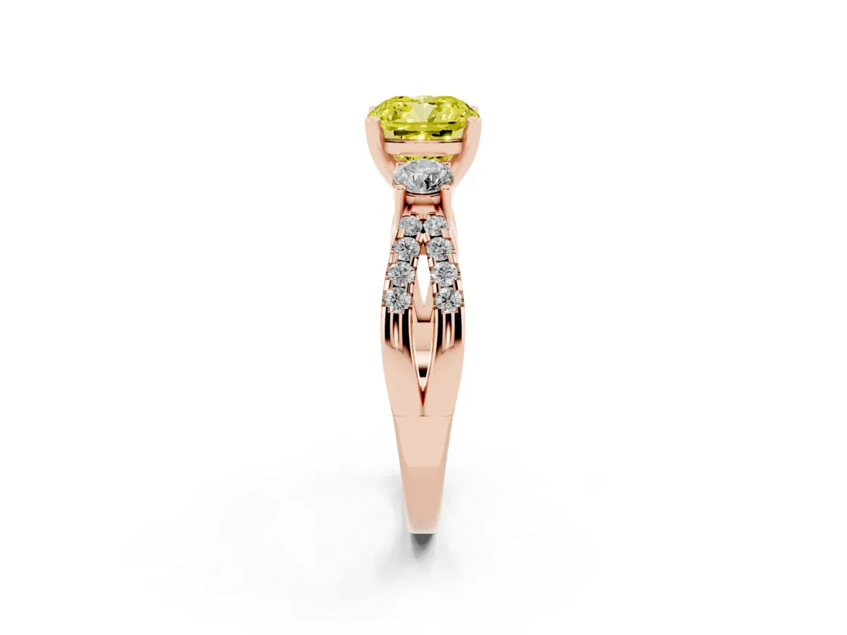 Fancy Yellow Cushion Cut Diamond Three-Stone Ring with Pavé Split Shank and Four-Prong Setting Rose gold