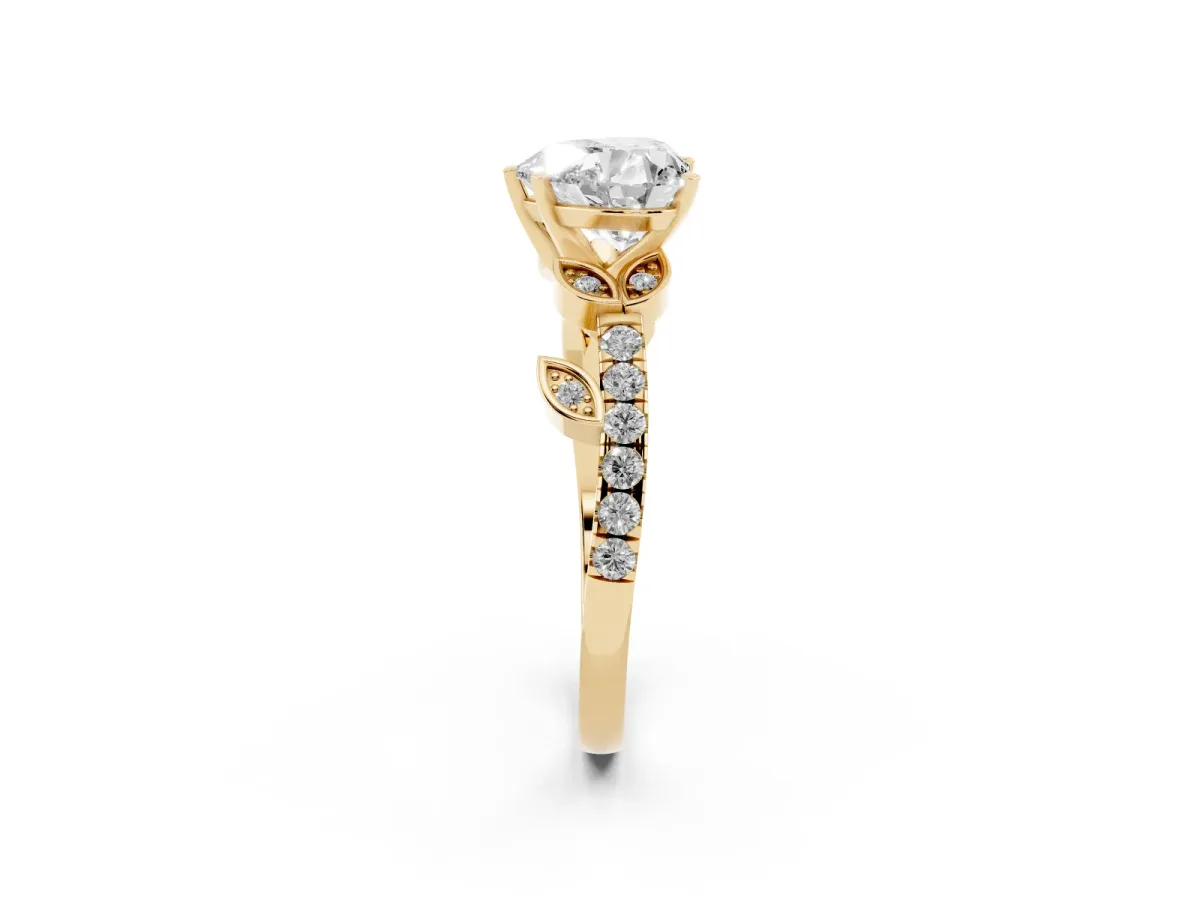 Heart Cut Solitaire Leaf-Inspired Diamond Ring with Pavé Band and Four-Prong Setting Yellow gold