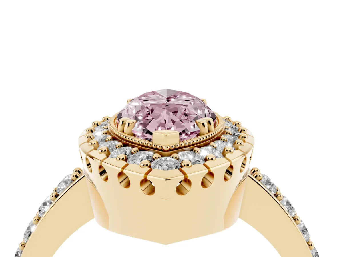 Fancy Pink Marquise Cut Diamond Halo Ring with Pavé Band and Prong Setting Yellow gold