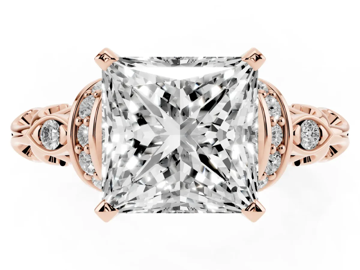 Princess Cut Diamond Solitaire Ring with Filigree Band and Four-Prong Setting Rose gold
