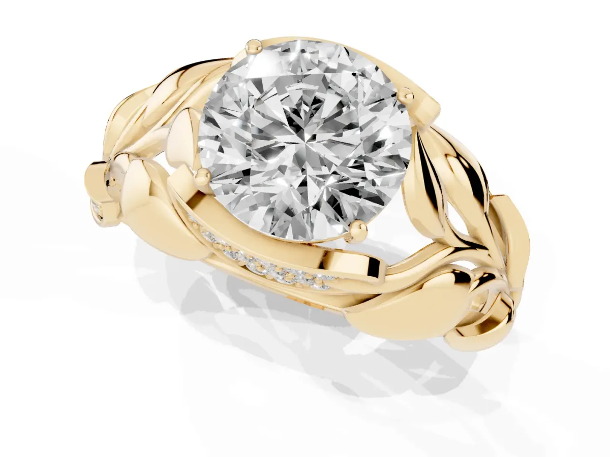 Round Cut Diamond Leaf-Inspired Engagement Ring with Round Accents and Prong Setting Yellow gold