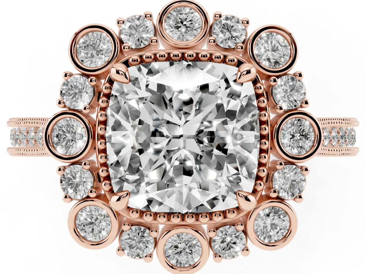Cushion Cut Halo Milgrain Pave Diamond Ring with Four-Prong Setting Rose gold