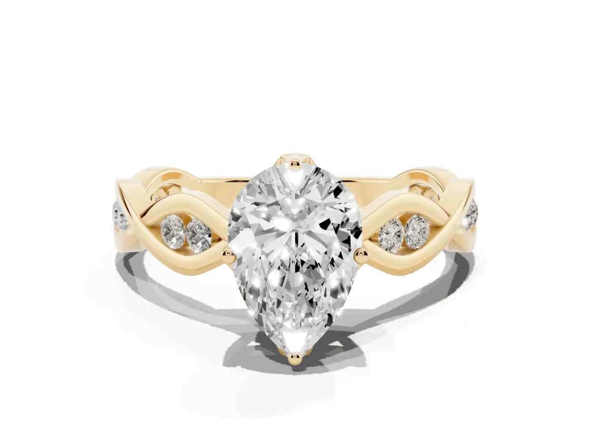Pear Cut Solitaire Twist Band with Leaf Prong Setting Yellow gold