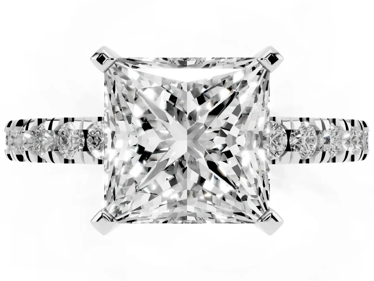Princess Cut Solitaire Diamond with Pavé Band and Four-Prong Setting Silver