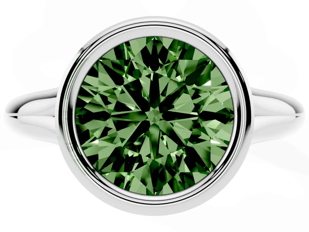 Fancy Green Bezel Set Round Cut Solitaire Diamond Ring with Smooth Band Silver