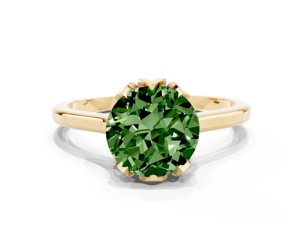 Fancy Green Round Cut Diamond Solitaire Ring with Flower Prong Setting and Classic Band Yellow gold