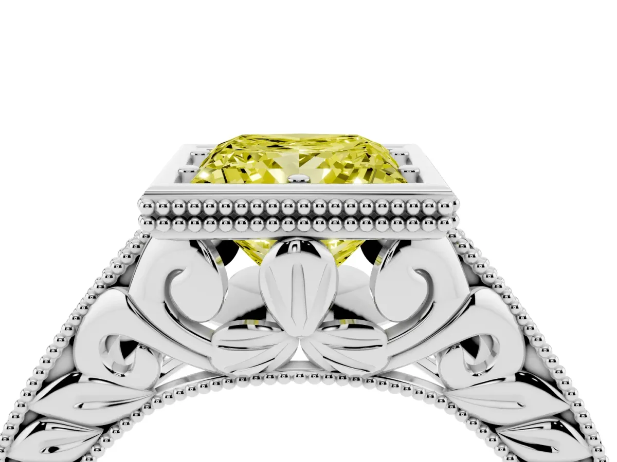 Fancy Yellow Bezel Set Princess Cut Diamond Milgrain Pave Engagement Ring Silver