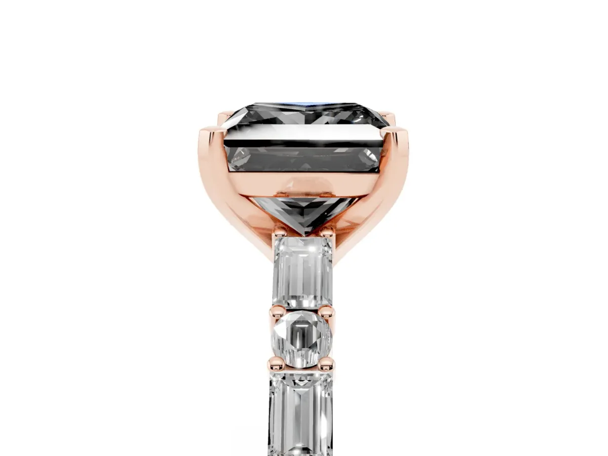 Fancy Black Princess Cut Diamond Solitaire with Side Baguettes and Channel Set Band Rose gold