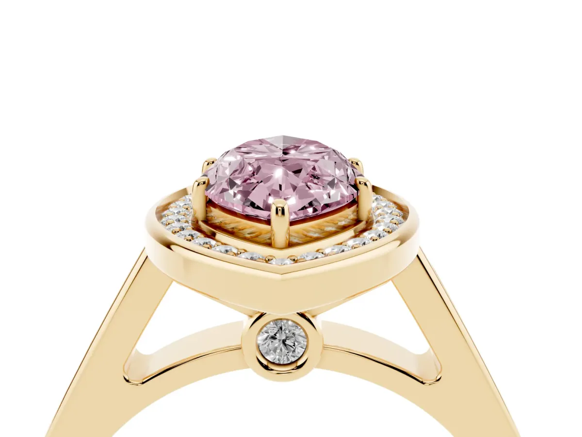 Fancy Pink Marquise Cut Halo Solitaire Diamond Ring with Pave Band and Bezel Setting Yellow gold