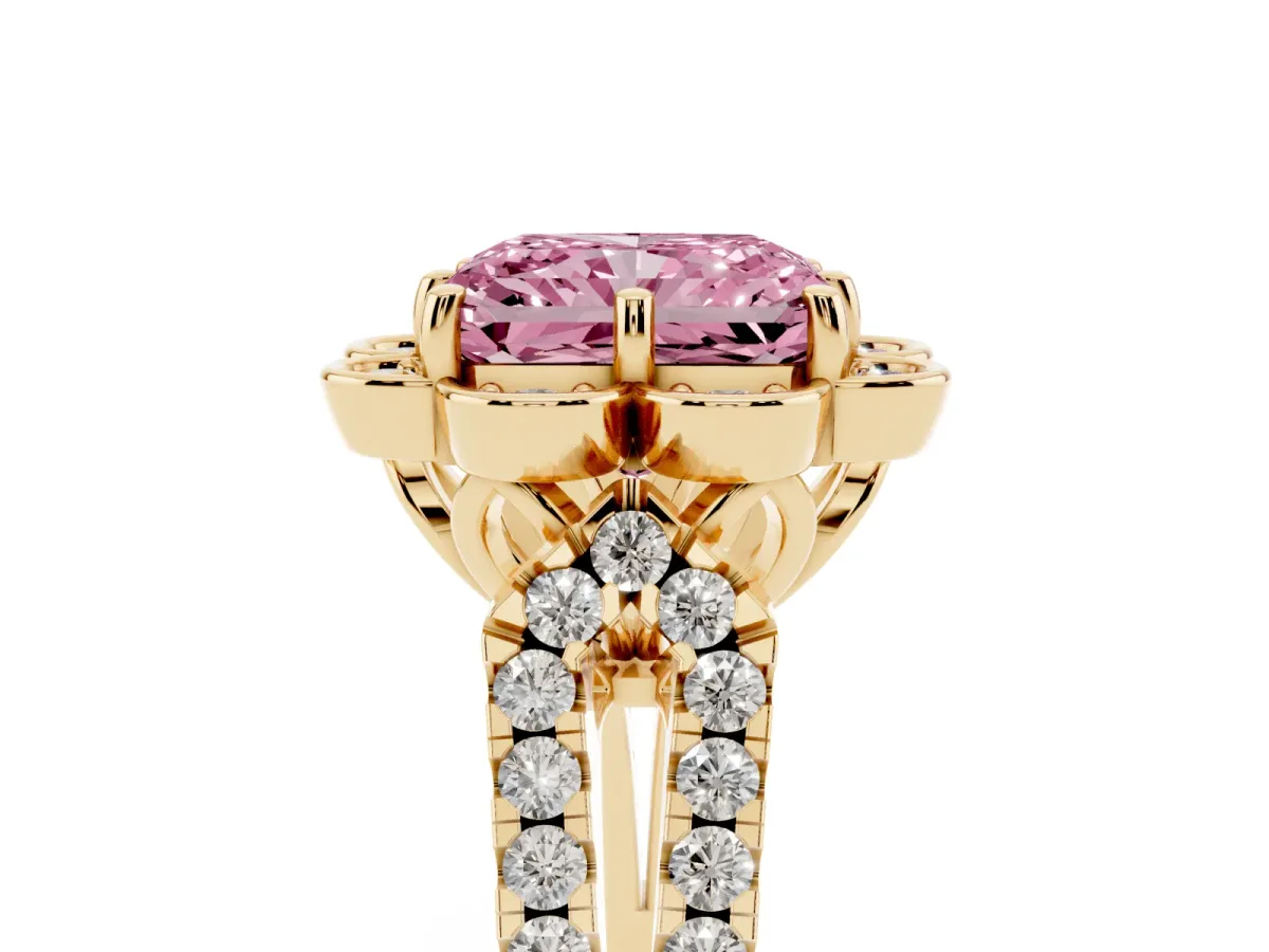 Fancy Pink Radiant Cut Halo Diamond Floral Split Shank Engagement Ring Yellow gold