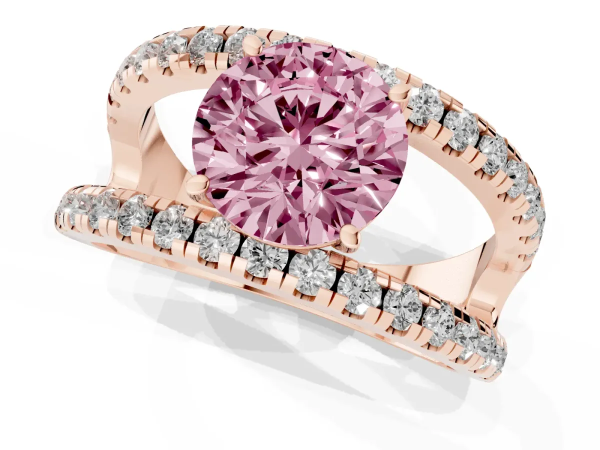 Fancy Pink Round Cut Solitaire Split Shank Pave Diamond Ring Rose gold