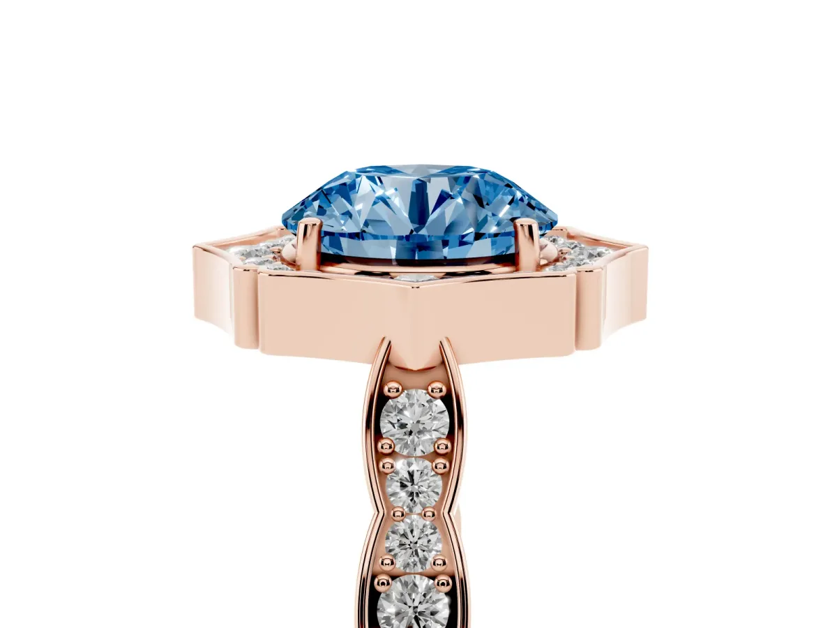 Fancy Blue Round Cut Halo Diamond Engagement Ring with Milgrain Band and Four-Prong Setting Rose gold