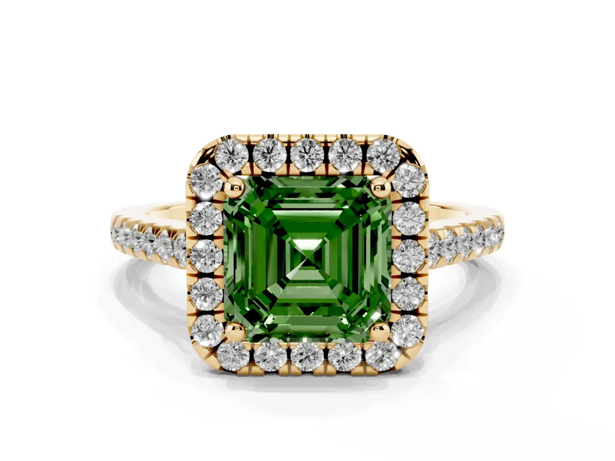 Fancy Green Asscher Cut Halo Pavé Diamond Engagement Ring with Four-Prong Setting Yellow gold