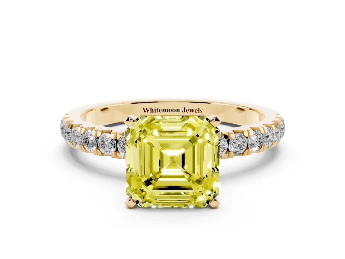 Fancy Yellow Asscher Cut Diamond Solitaire Ring with Pavé Accents and Four-Prong Setting Yellow gold