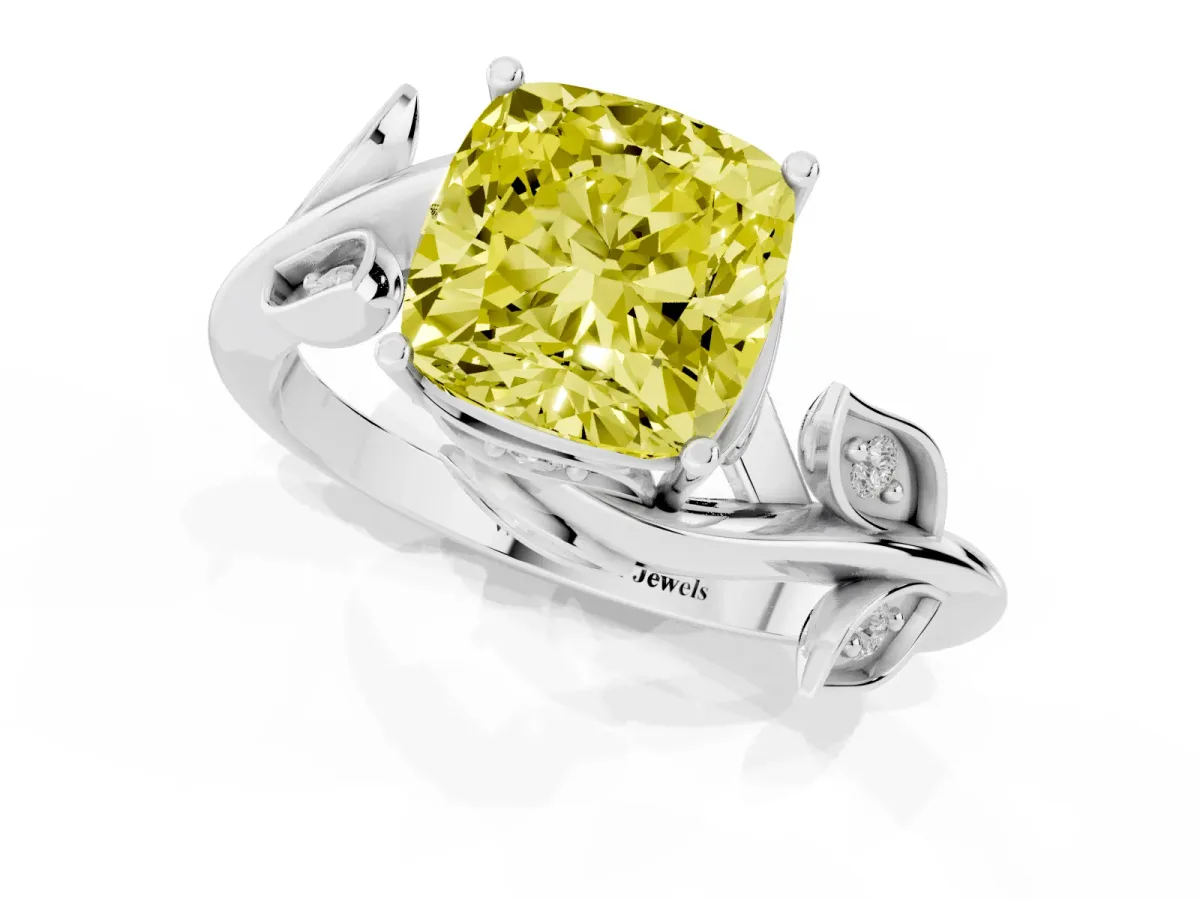 Fancy Yellow Cushion Cut Solitaire Twist Engagement Ring with Leaf Accents and Prong Setting Platinum
