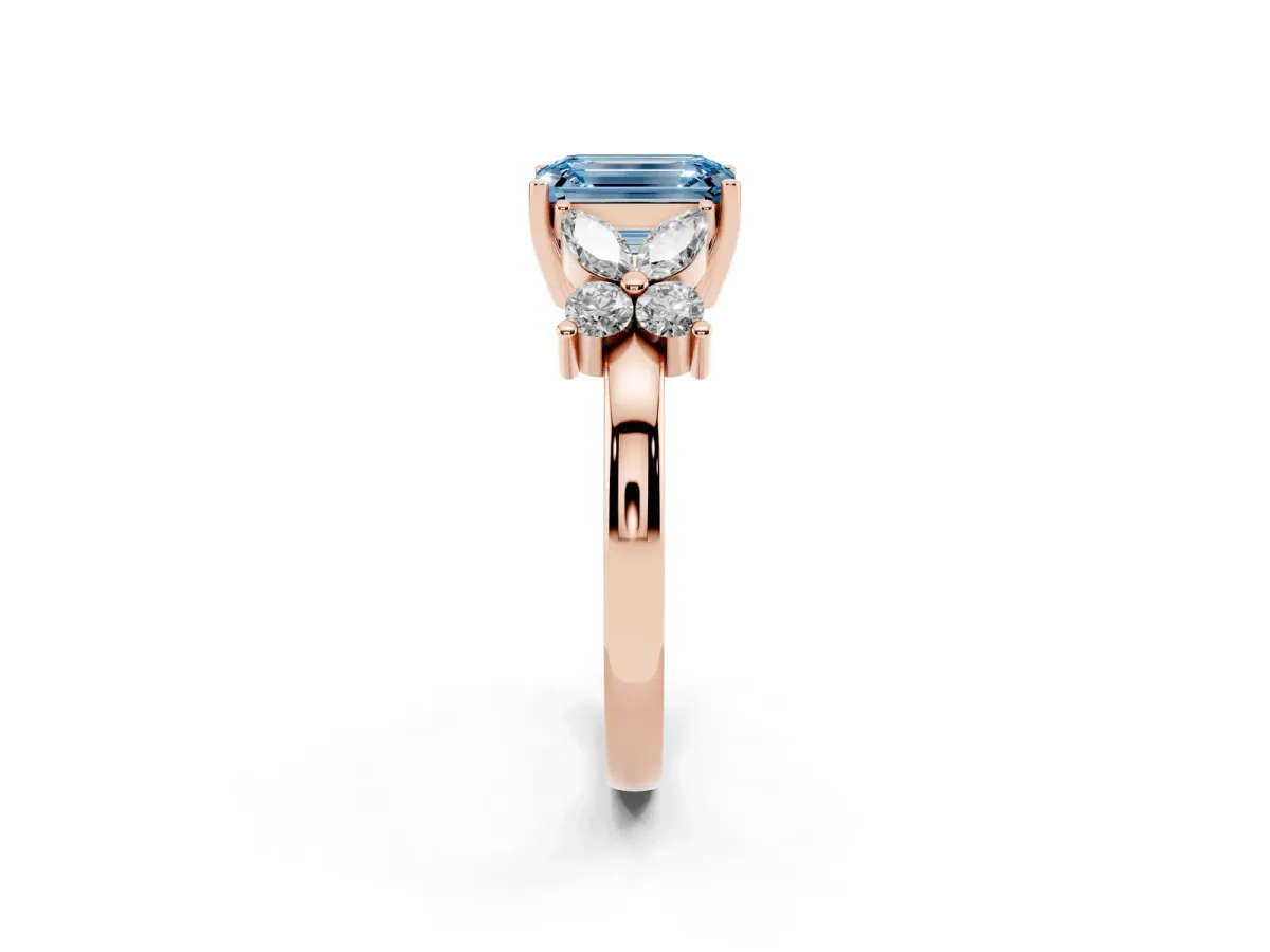 Fancy Blue Emerald Cut Diamond Floral Cluster Ring with Solitaire Band and Prong Setting Rose gold