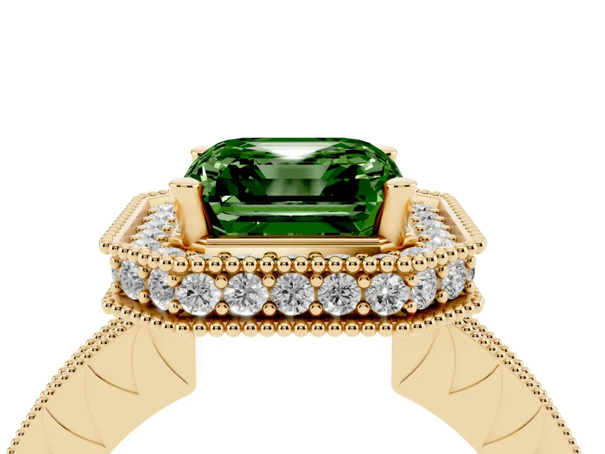 Fancy Green Asscher Cut Diamond Milgrain Halo Engagement Ring with Round Pavé Band and Prong Setting Yellow gold