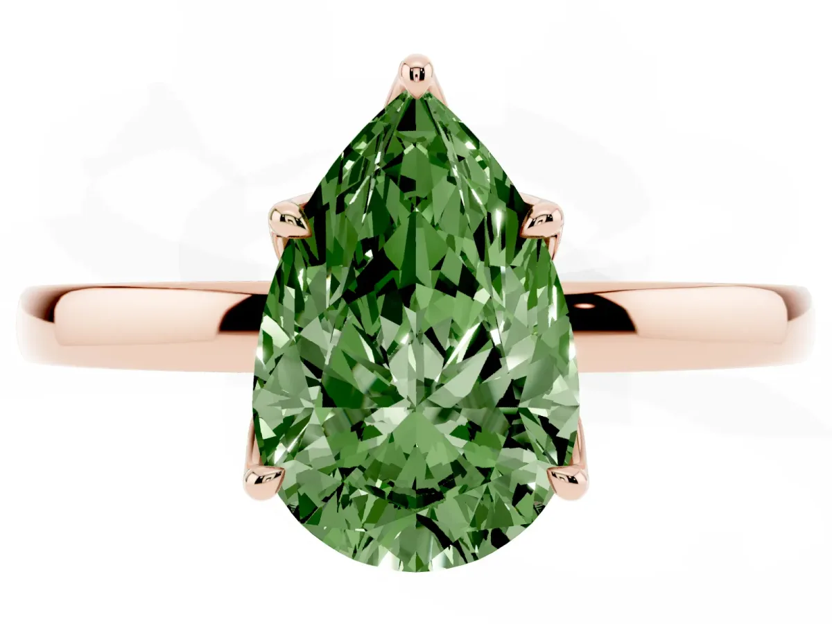 Fancy Green Pear Cut Diamond Solitaire Ring with Thin Band and Prong Setting Rose gold